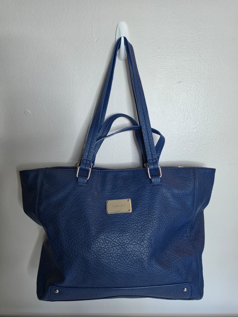 Nine West Navy Blue Pebbled Faux Leather Tote Shoulder Bag Double Handles Large